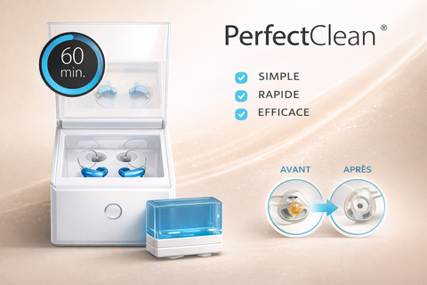 Perfect Clean Solution complète pour nettoyer et entretenir les appareils auditifs.