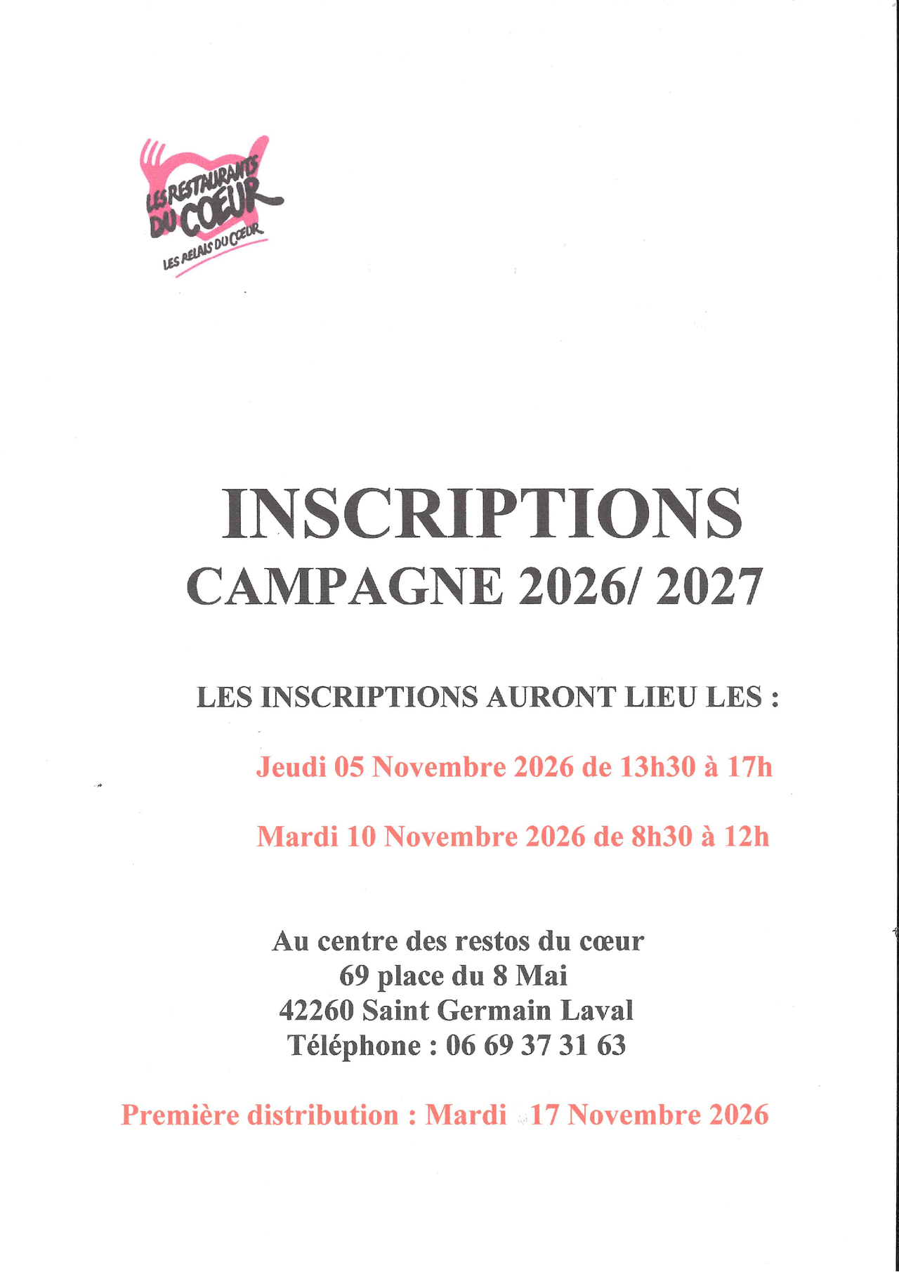 Inscriptions Restos du Cœur à Saint-Germain-Laval pour 2026/2027
