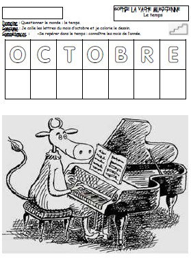 Fiche du mois d’octobre : les élèves reconstituent le nom du mois à l’aide de lettres mobiles, puis dessinent le bonhomme du mois.
