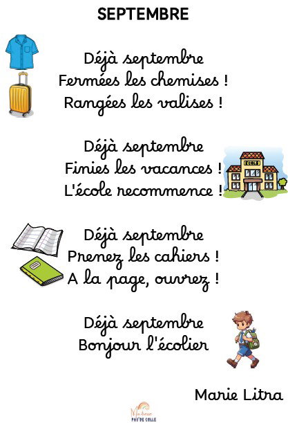 Poésie thème rentrée avec des images pour faciliter la mémorisation. Septembre