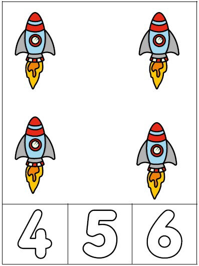 CARTES A PINCES DE L’ESPACE Les élèves comptent le nombre de fusées/ planètes puis ils accrochent une pince sur la bonne réponse.