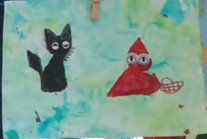 Loup et chaperon rouge en tangrams : J’ai découpé les tangrams dans de la mousse puis les enfants trempent ce tampon dans de l’encre ou de la