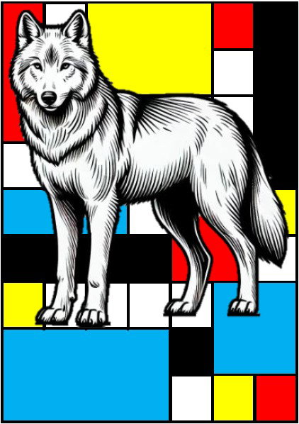 Les élèves colorient le fond en quadrillage. Ils utilisent les mêmes couleurs que Mondrian : noir, jaune, rouge, bleu, blanc.