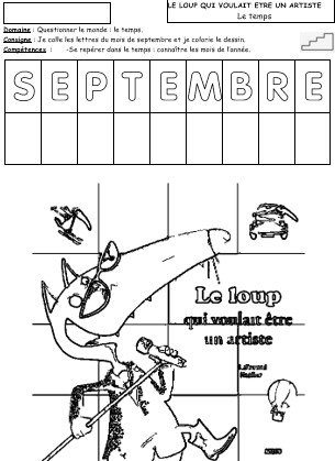 Fiche du mois de septembre : Les élèves reconstituent le nom du mois à l’aide de lettres mobiles, puis dessinent le bonhomme du mois.