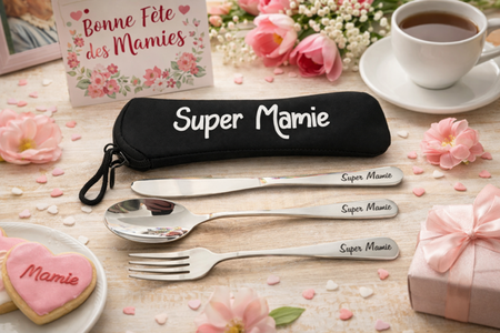 Ensemble de couverts en acier inoxydable gravés « Super Mamie » 
