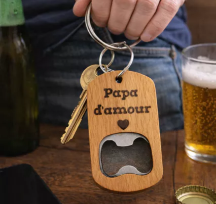  Porte-clés décapsuleur bois & acier inoxydable gravé « Papa d’amour »  
