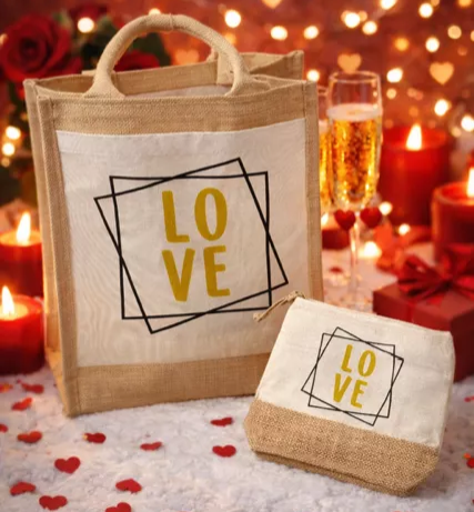 sac en toile de jute avec pochette de rangement « Love » 💖 model 2