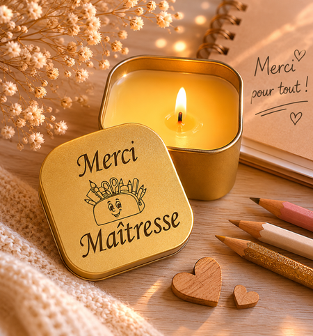 🕯️🍎 Bougie en boîte métal personnalisée – « Merci Maîtresse » 🍎🕯️