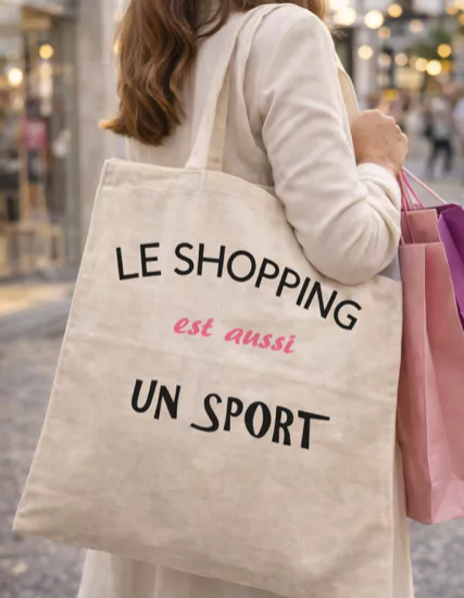 Tote Bag – “Le shopping est aussi un sport” 🛍️😄