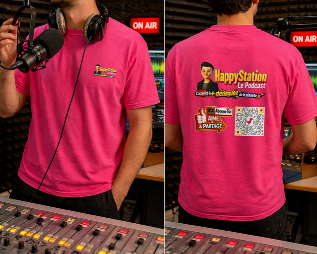 T-shirt fuschia homme personnalisé logo devant + logo derriére avec QR code