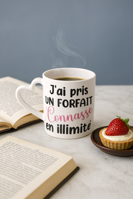 Mug à anse cœur "J’ai pris un forfait connasse illimité" 