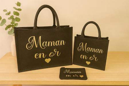 Sac en toile de jute noire – Maman en or