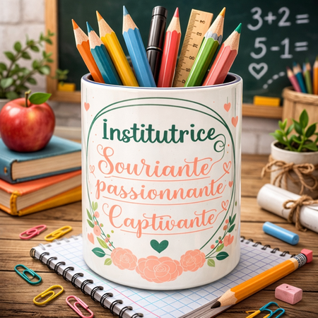 Pot à crayons – “Institutrice souriante, passionnante, captivante” ✏️📚✨