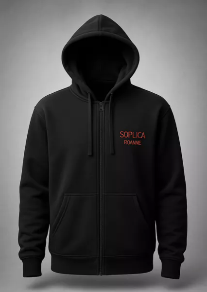 veste a capuche avec flocage devant sur la poitrine