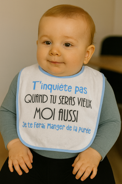 Bavoir bleu ”t’inquiète pas quand tu seras vieux moi aussi je te ferai manger de la purée”