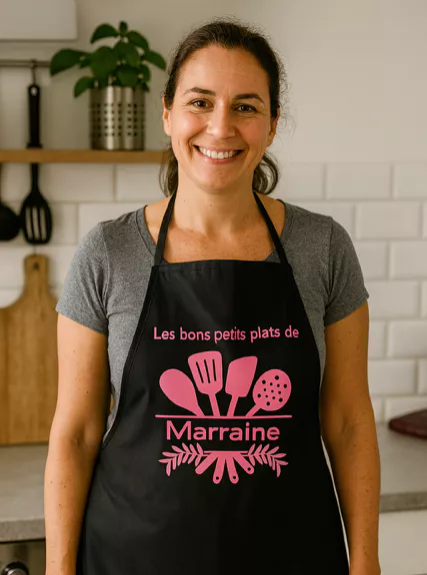 Tablier Noir – “Les bons petits plats de marraine”
