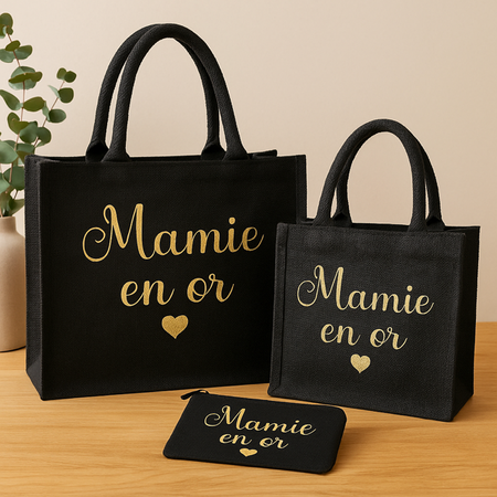 Sac en toile de jute noire – Mamie en or