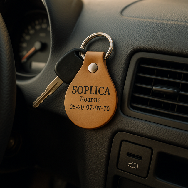 porte cles similicuir avec logo en gravure laser