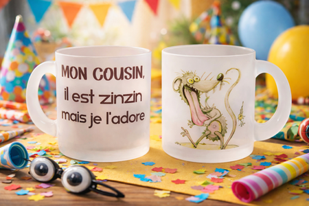   Mug en verre dépoli – Mon cousin il est zinzin mais je l’adore