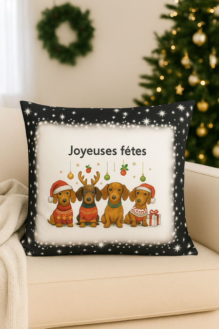 Coussin de Noël personnalisé « Joyeuses fêtes » – Spécial toutous de Noël 🎄🐶🎅