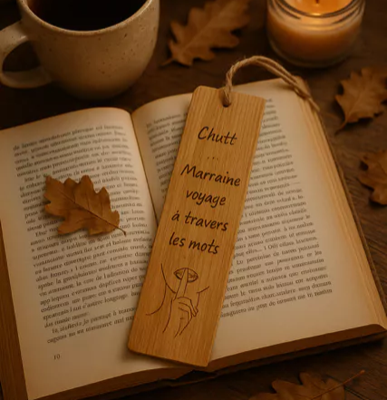 📖 Marque-page en bois « Marraine : voyage à travers les mots »