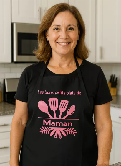 Tablier Noir – “Les bons petits plats de maman”