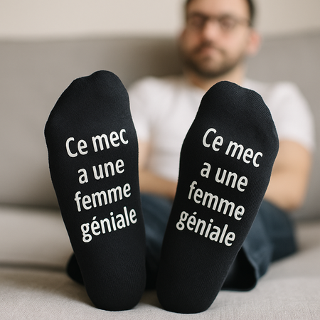 chaussettes de sport homme avec l’inscription sous les pieds "Ce mec a une femme géniale" 