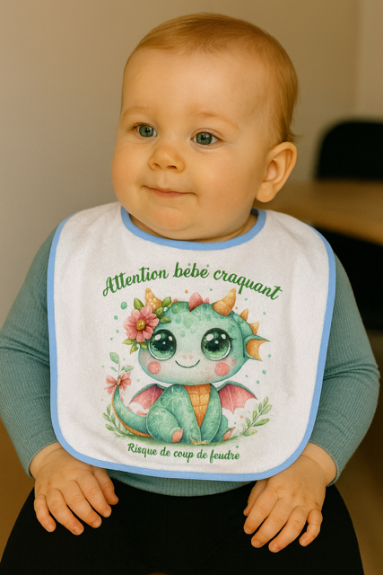 bavoir bleu "Attention bébé craquant – risque de coup de foudre" 