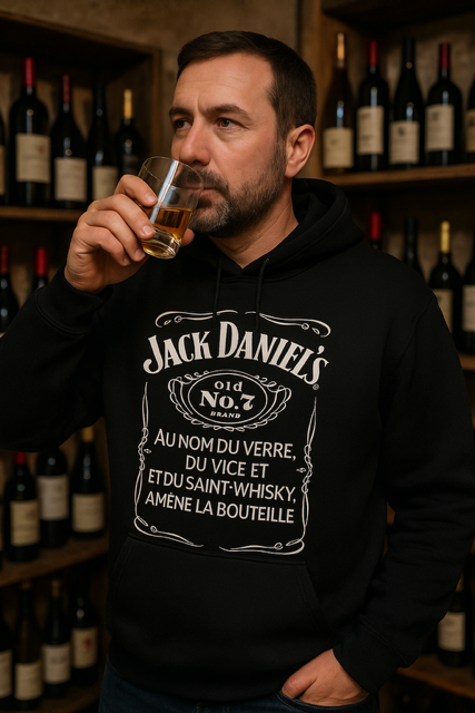 Sweat à capuche homme “Jack Daniel’s – Au nom du verre, du vice et du saint -whisky, amène la bouteille” 
