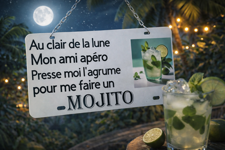 Plaque humoristique – “Au clair de la lune, mon ami apéro, presse-moi l’agrume pour me faire un mojito” 🍋🍹😄