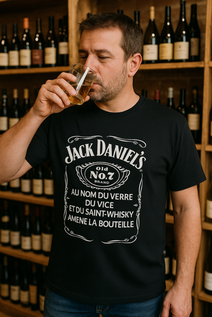 T-shirt homme "Jack Daniel's – Au nom du verre, du vice et du saint whisky, amène la bouteille" 