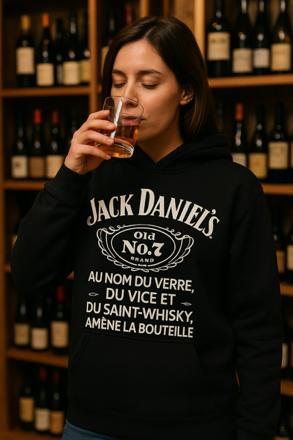 Sweat à capuche femme “Jack Daniel’s – Au nom du verre, du vice et du saint whisky, amène la bouteille” 