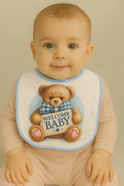 Bavoir bleu "Welcome Baby" 