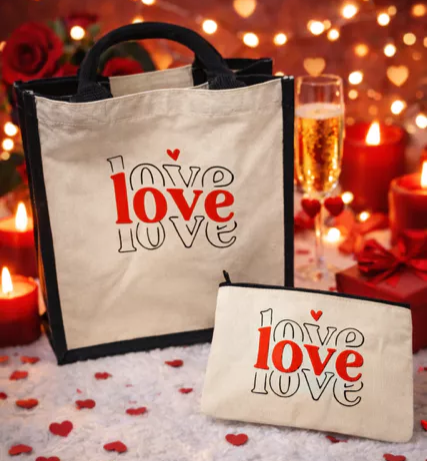 sac en toile de jute avec pochette de rangement « Love » 💖 