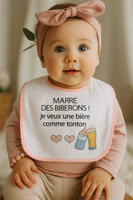 Bavoir rose "Marre des biberons, je veux une bière comme tonton" 