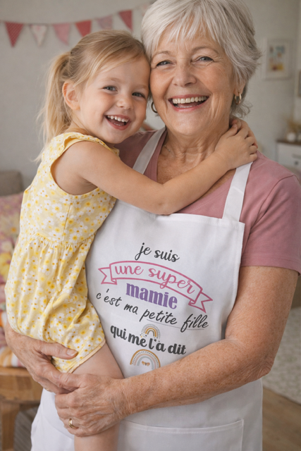 Tablier humour – “Je suis une super mamie (c’est ma petite-fille qui me l’a dit)” 👵💖