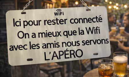 Plaque humoristique – “Ici, pour rester connecté, on a mieux que la Wi-Fi : avec les amis, nous servons l’apéro” 🍹📶😄