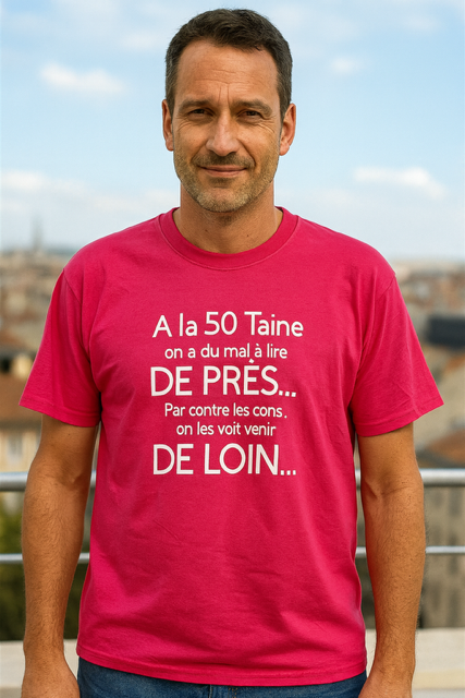 T-shirt homme – « À la cinquantaine… on a du mal à lire de près, mais les cons on les voit venir de loin » 😎
