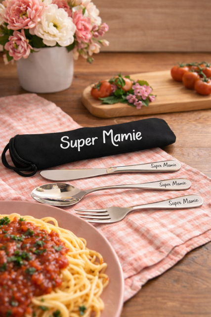  Ensemble de couverts en acier inoxydable gravés « Super Mamie »