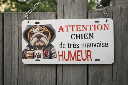 Plaque humoristique – “Attention, chien de très mauvaise humeur” 🐶😄