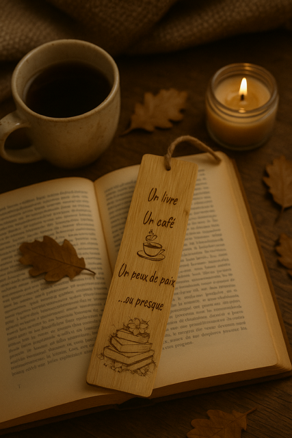 📖 Marque-page en bois « Un livre, un café, un peu de paix… ou presque »
