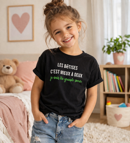 👕 T-shirt enfant « Les bêtises c’est mieux à deux – Je vais être grande sœur »