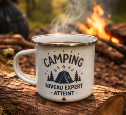 ☕ Mug acier « Camping – Niveau expert atteint »