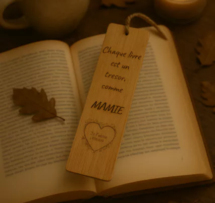 📖 Marque-page en bois « Chaque livre est un trésor… comme Mamie »
