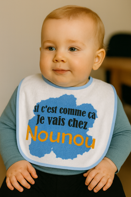 Bavoir bleu "Si c’est comme ça, je vais chez nounou" 